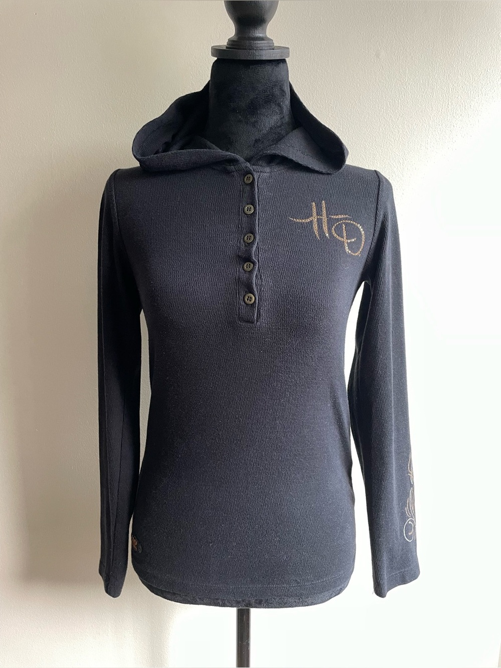 Harley-Davidson 110 Years Hooded Waffle Knit Henley Top XS Made in USA